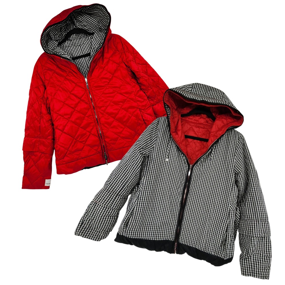 Max Mara Puffer Coat‎ US 6 Reversible Quilted Red Black Gingham Hood Goose Down